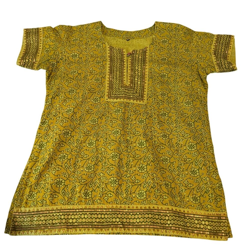 Women’s XL Green Boho Indian Print Sequin Embellished Tunic Top Kurta